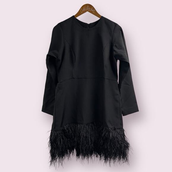 Long Sleeve Little Black Dress With Feathers Sheath Hi Quality Zip Back - Picture 1 of 6